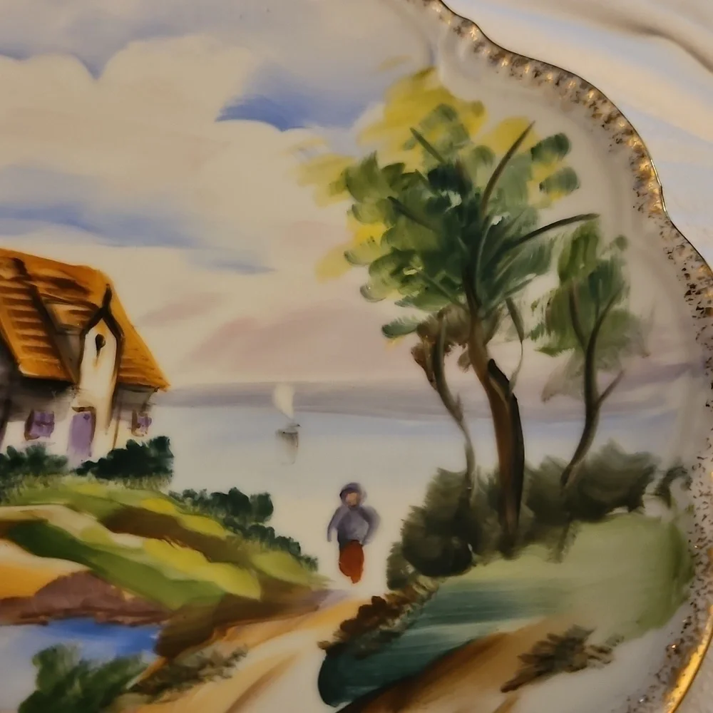 WALES MCM Japanese Handpainted Country Scene Scallop Porcelain Wall Plates